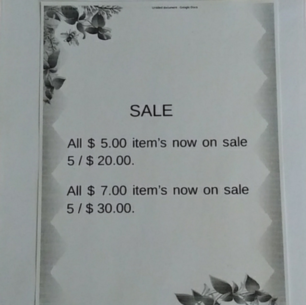 All $ 5.00 items 5/$ 20.00 All $ 7.00 items 5/ $30.00. All items are for sale.